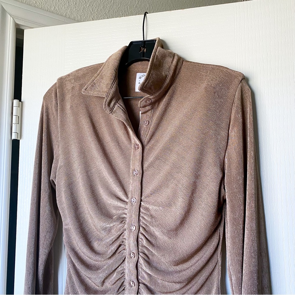 With Jean Taupe Ruched Button-Front Mini Dress - Picture 5 of 14